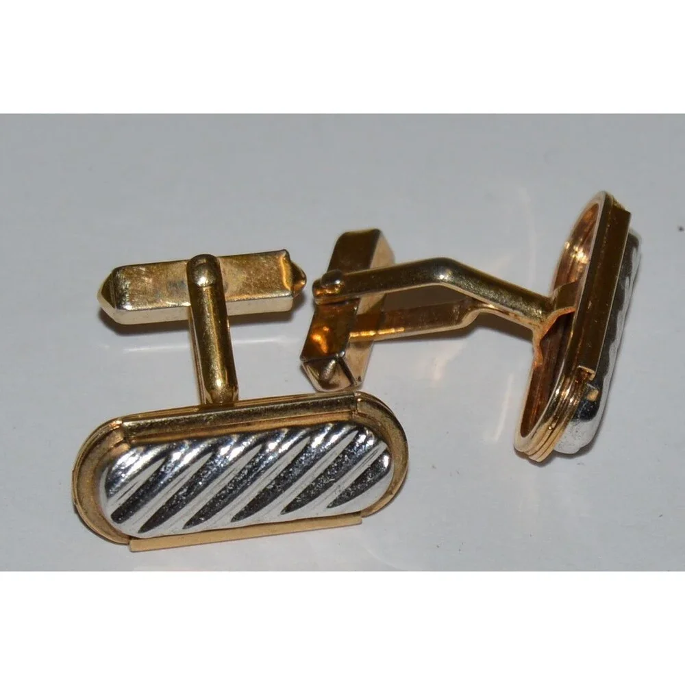 Vintage Unique Gold & Silver Tone 1960s Striped Pill Shaped Cuff Links Set Rare